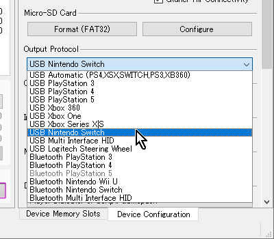 「Titan Two（タイタンツー）」の管理ソフトウェア「Gtuner IV」右下の「Device Configration」タブで「Output Protocol」を「Nintendo Switch」に変更