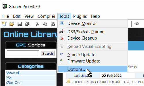 「Titan One（タイタンワン）」の管理ソフトウェア「Gtuner Pro」のメニュー→「Tools」→「Options...」
