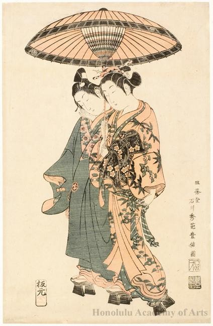 鑑定 江戸期浮世絵師・石川 豊信 筆 相合傘美人之図 掛軸 版画花下