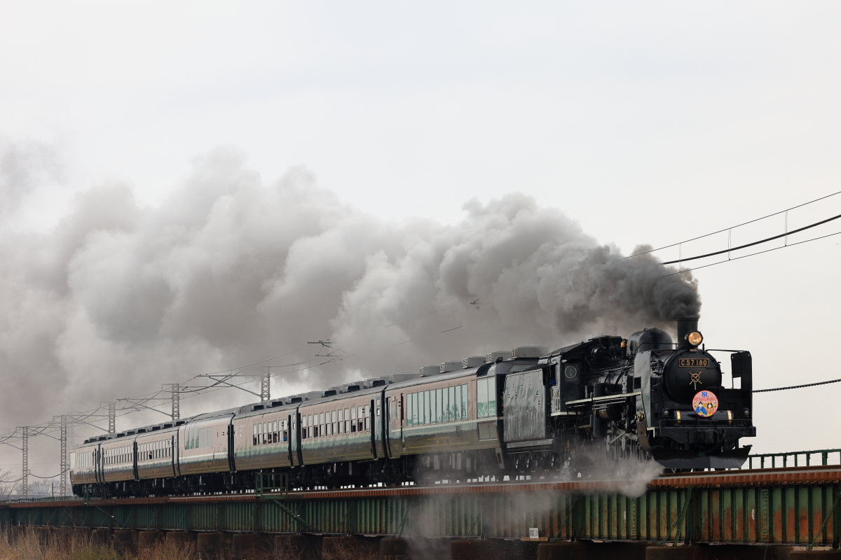 阿賀野川を渡る、C57-180牽引の「SL村上ひな街道号」を撮る！ - 続