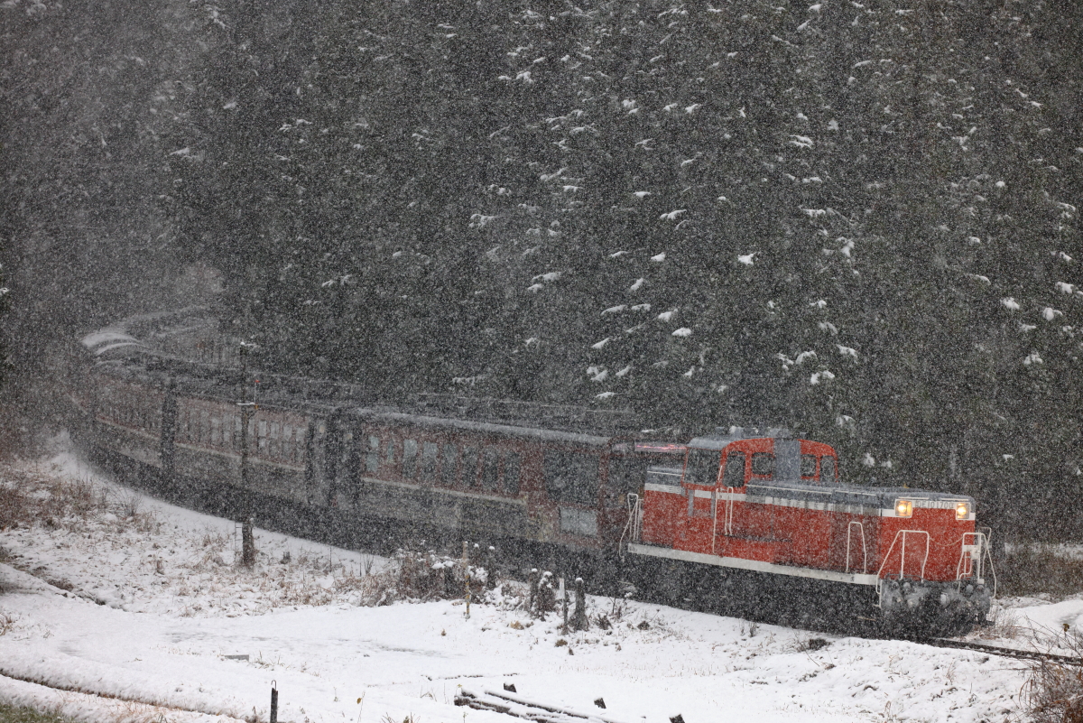 雪の降る磐越西線を往く、DE10-1700代走の「SLばんえつ物語号」を撮る
