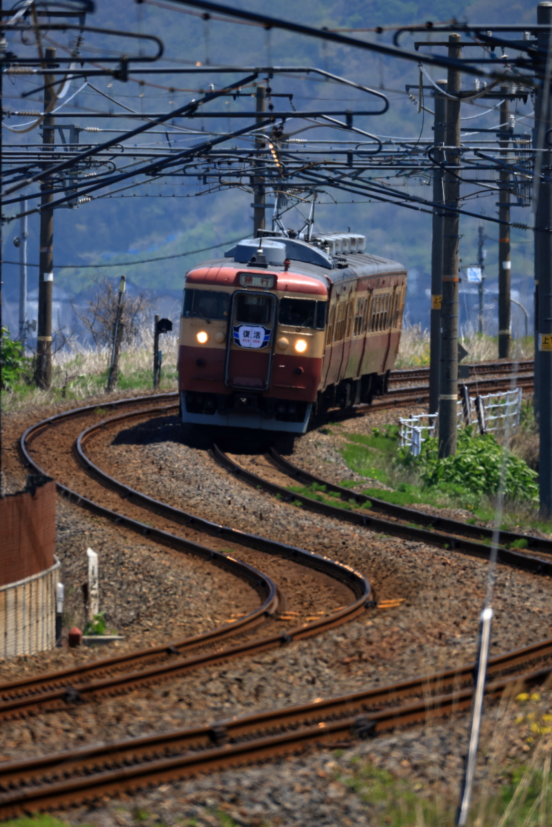 復活」ヘッドマークの413・455系観光急行を撮る！(えちごトキめき鉄道