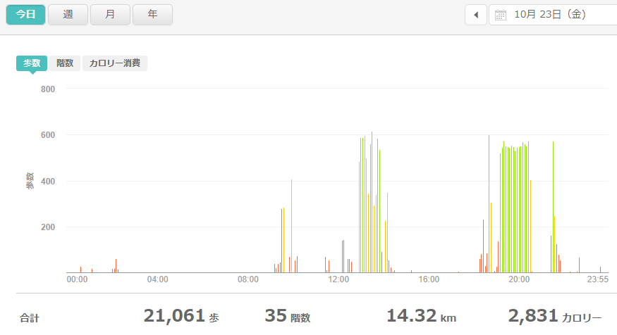 fitbitログより　運動データ2020年10月23日分