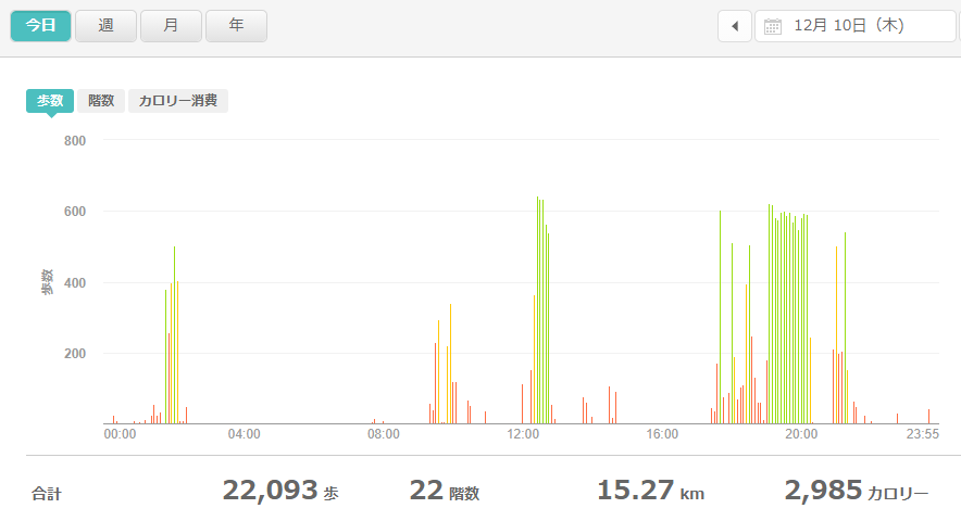 fitbitログより　運動データ2020年12月10日分