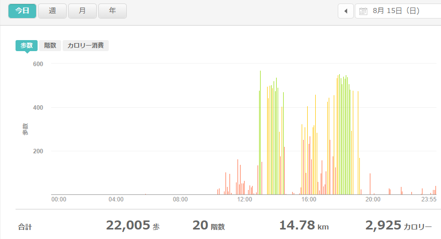 fitbitログより　運動データ2021年8月15日