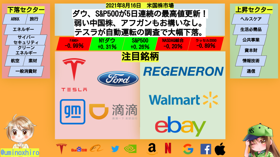 ダウ、S&P500が5日連続の最高値更新! 弱い中国株、アフガンもお構いなし。 テスラが自動運転の調査で大幅下落。