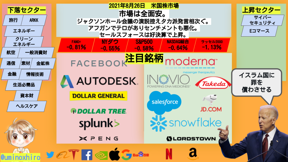 市場は全面安。ジャクソンホール会議の演説控えタカ派発言相次ぐ。アフガンでテロがありセンチメントも悪化。セールスフォースは好決算で上昇。