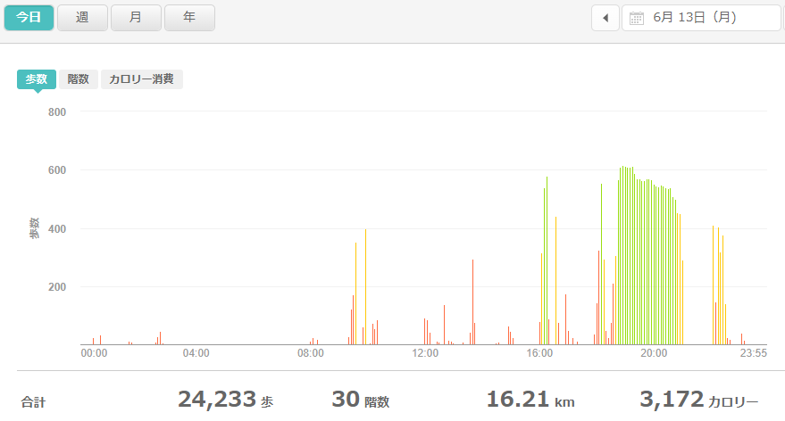 fitbitログより　運動データ2022年6月13日