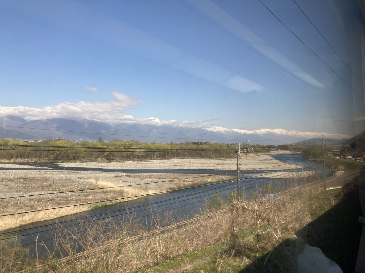 犀川中流域の河原。遠景に山。