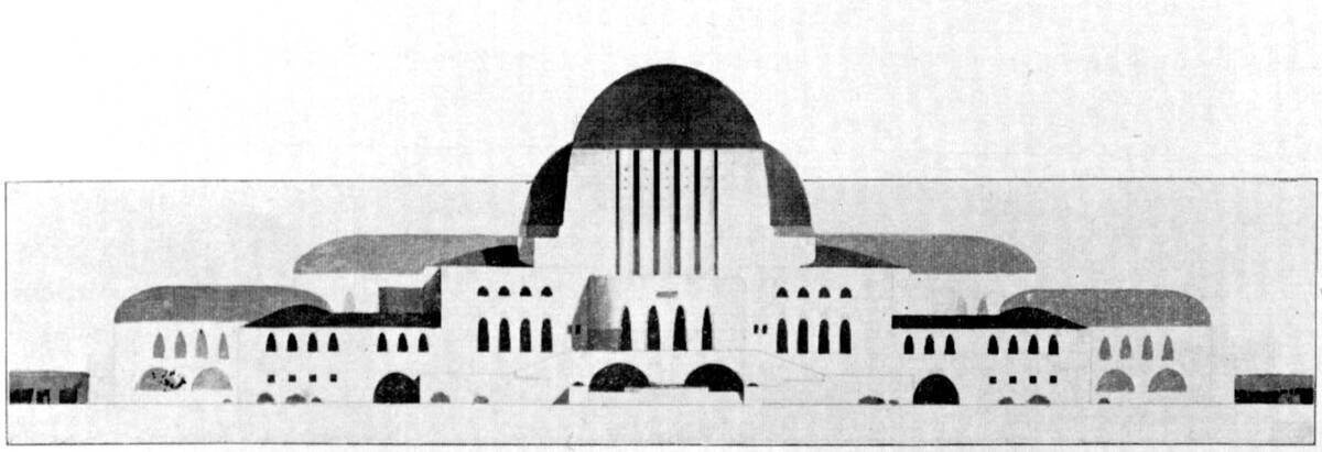 堀口捨己（東京帝国大学1920年卒）の卒業設計「精神的な文明を来らしめんとして集る人々の中心建築への試案」（東京大学大学院工学研究科建築学専攻所蔵，出典：『分離派建築会宣言と作品千九百二十』岩波書店，1920年）