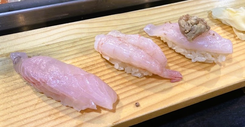 ホウボウ、南蛮えび、カワハギ肝ノセ