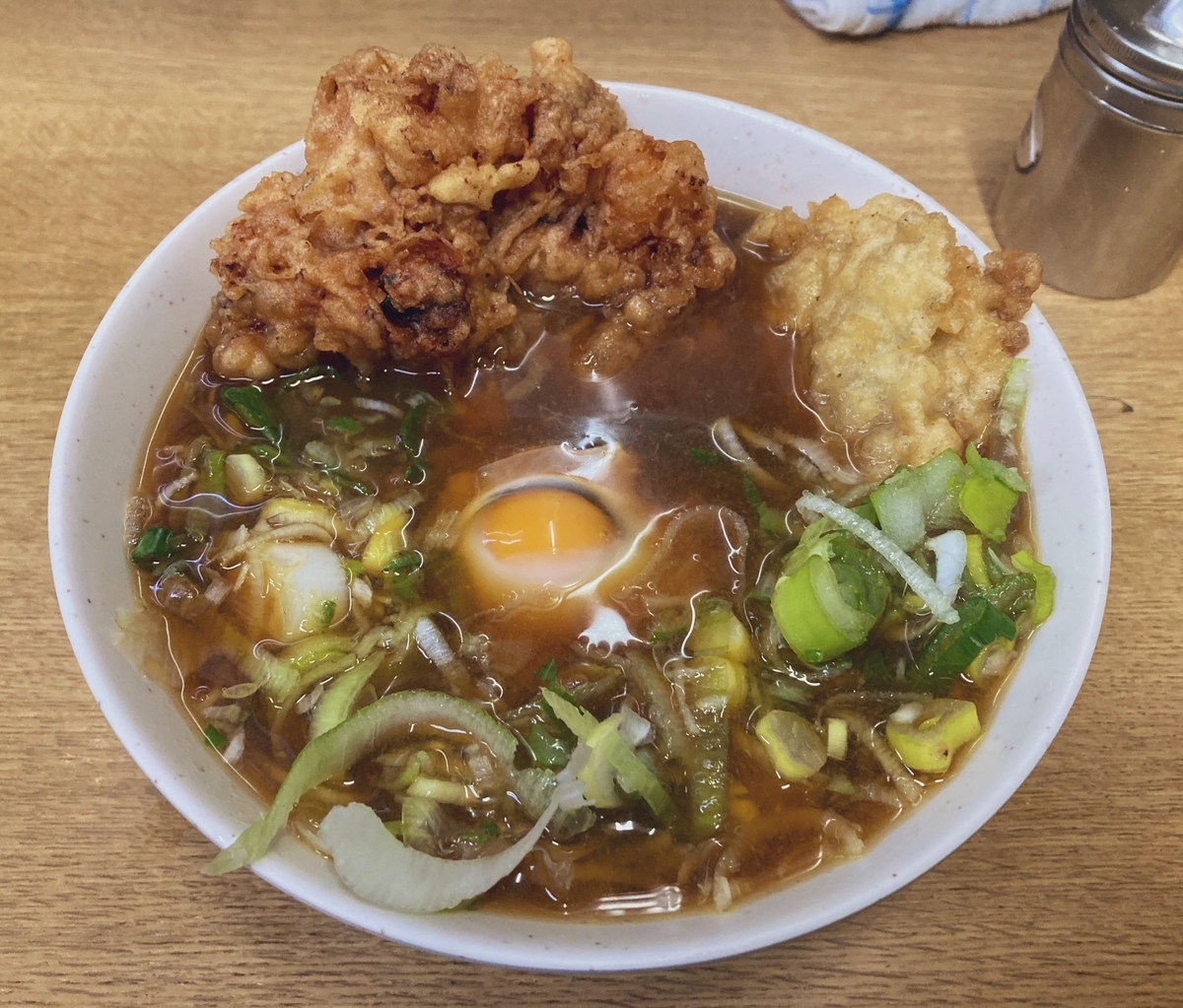 一由そばの「ゲソ天・牡蠣天・生卵」
