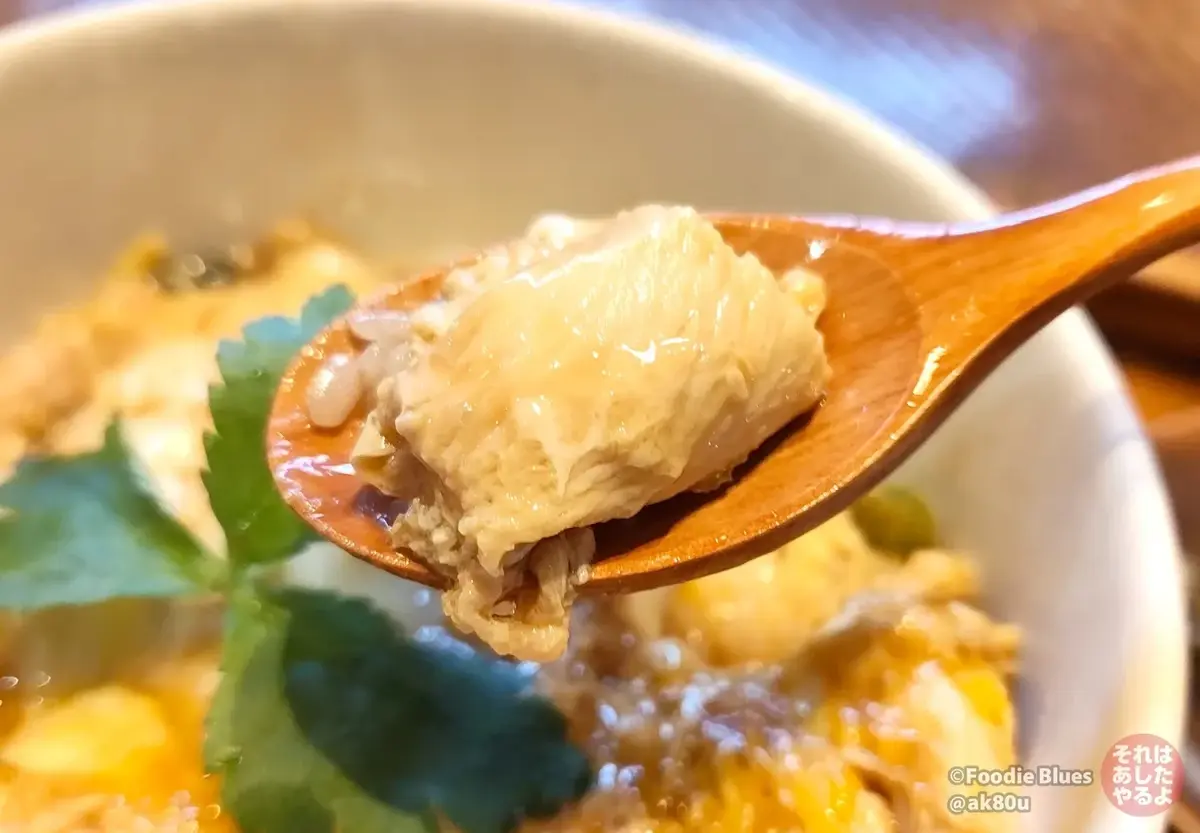 千葉・香取「水郷のとりやさん 須田本店」の「水郷どりの親子丼」の鶏肉アップ