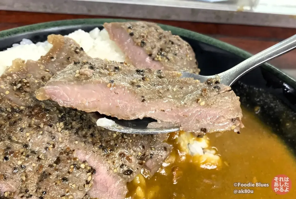 秋葉原の立ち食いそば屋「新田毎」のステーキカレーの肉どアップ