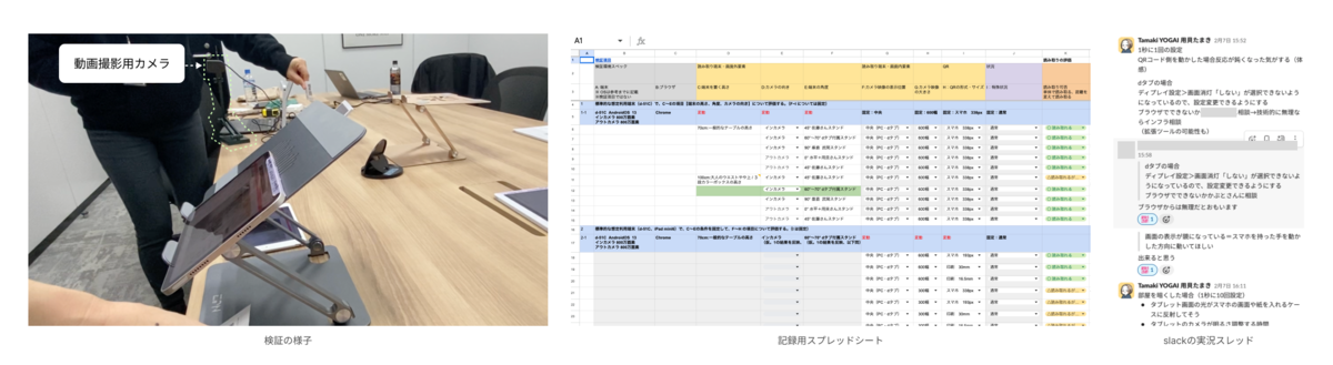 検証の様子、記録用スプレッドシート、slack実況スレッド