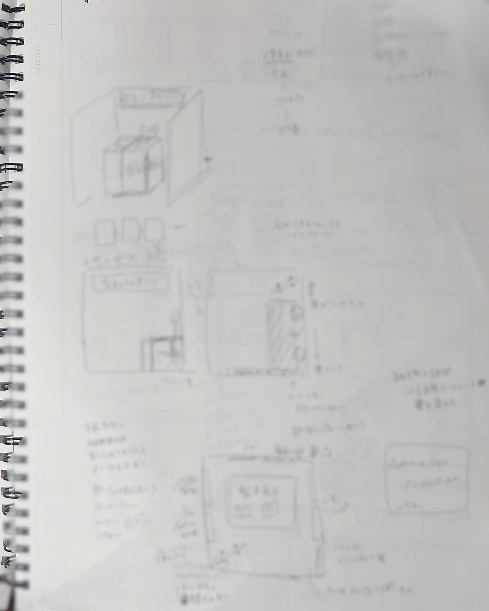 アイデア出しをしたノートの写真。ブース全体像のラフスケッチやキーワードが書かれています。全体的にぼかしています