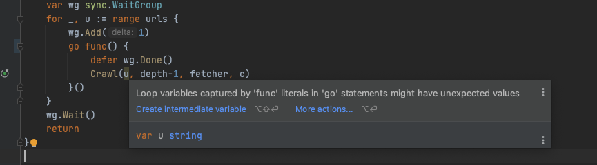 GOLandで表示されたワーニングのスクリーンショット