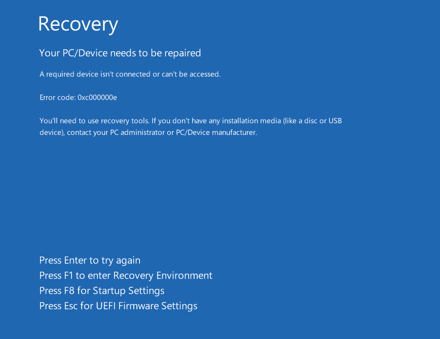 Your PC/Device needs to be repaired An expected error has occured Error code 0xc000000e
