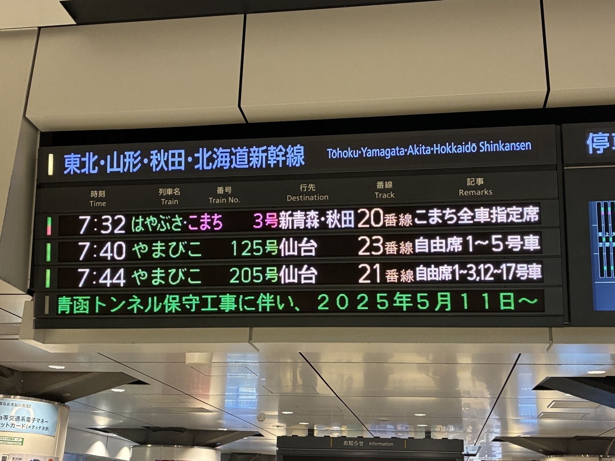 東京駅 東北・山形・秋田・北海道新幹線 電光掲示板