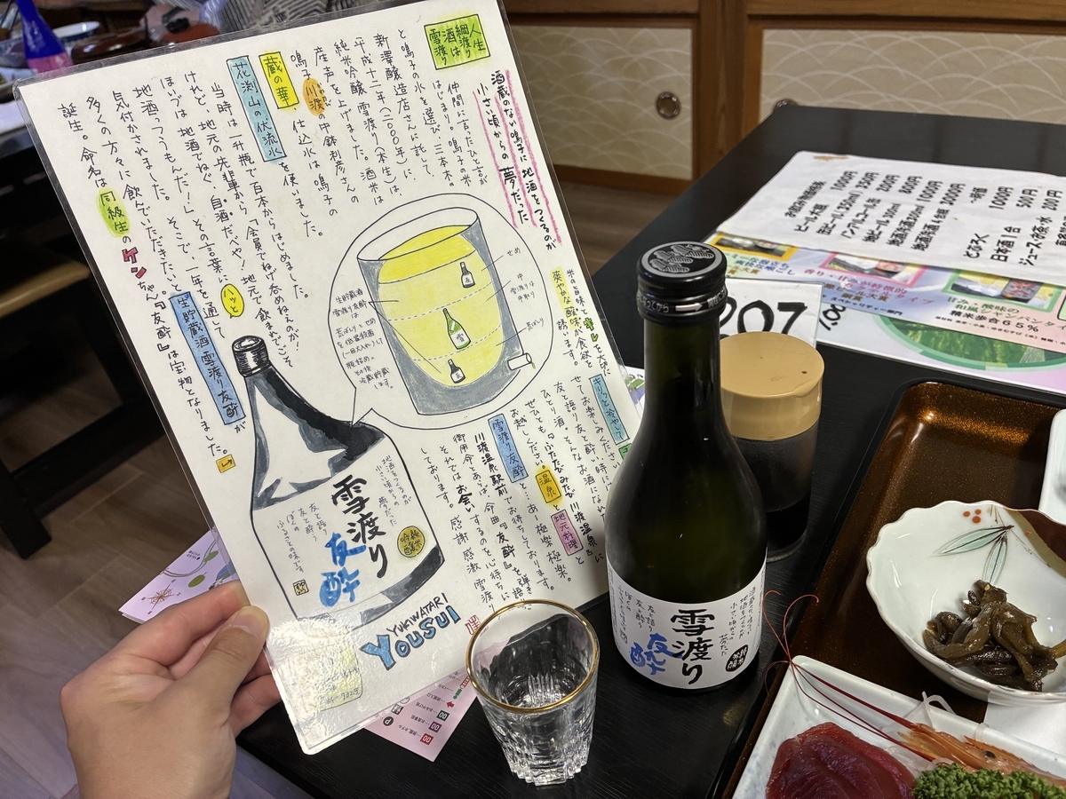 東多賀の湯 夕飯 日本酒 雪渡り友酔