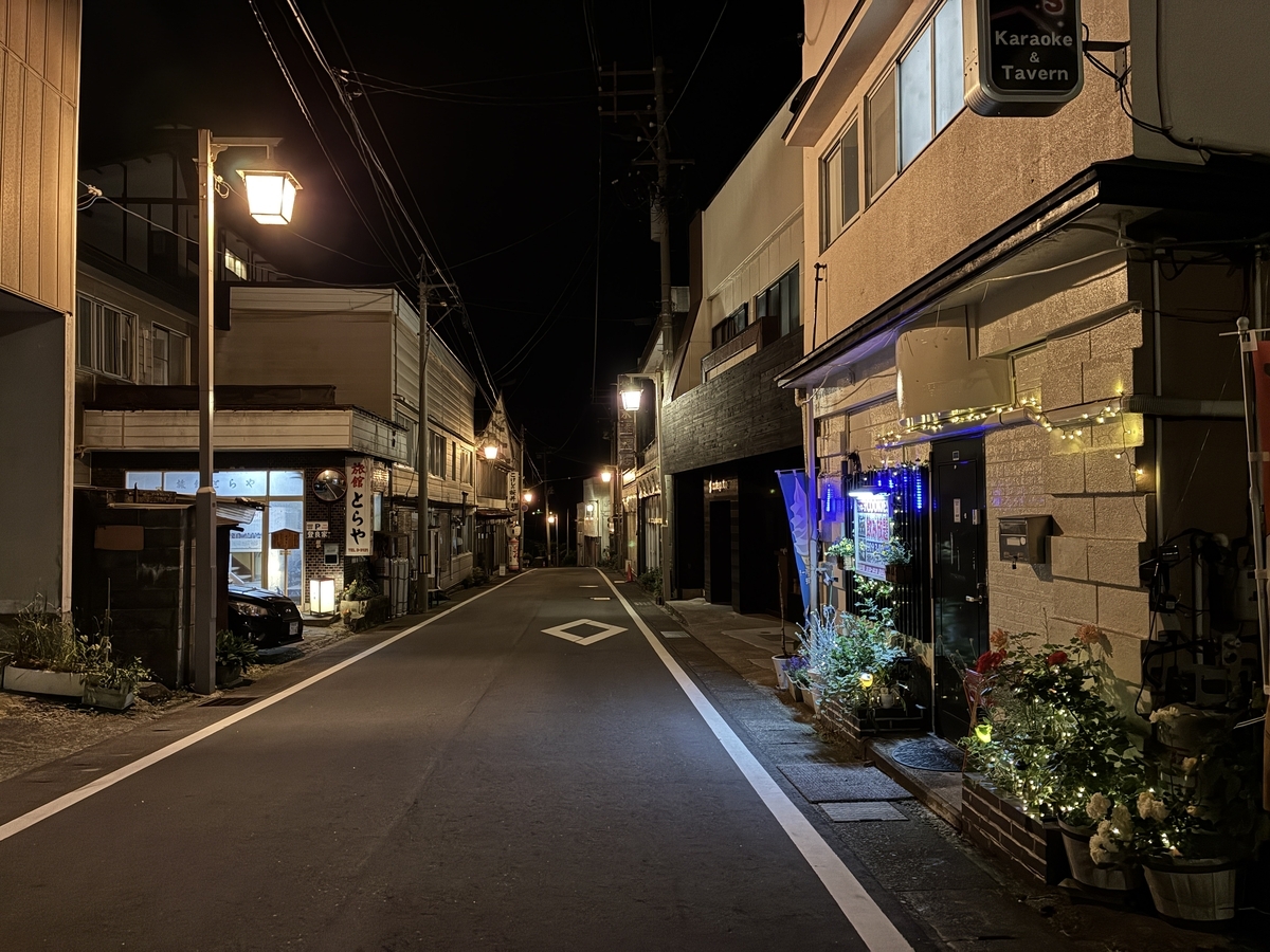 鳴子温泉街の夜。こけし通りを下駄も履かずに歩く