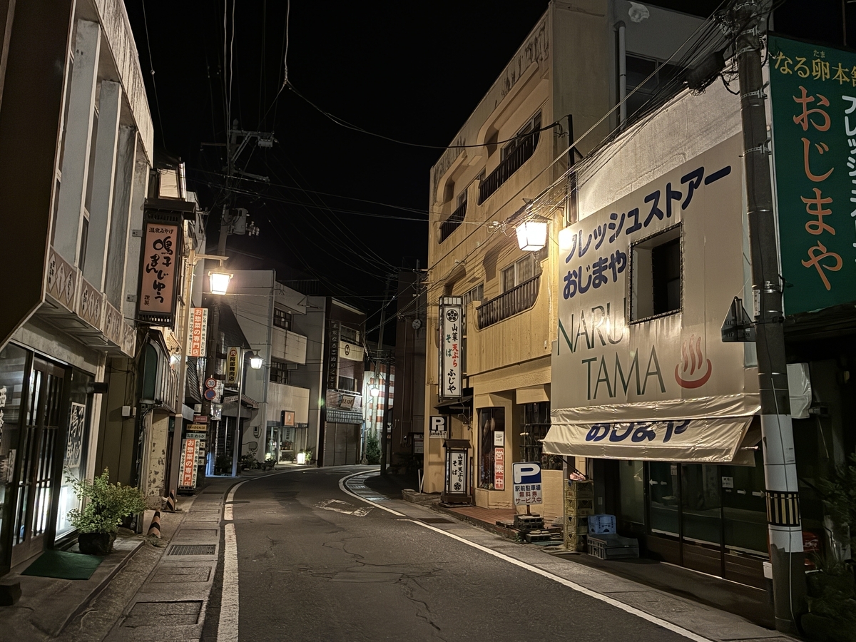 鳴子温泉街 夜に歩く人は少なく。