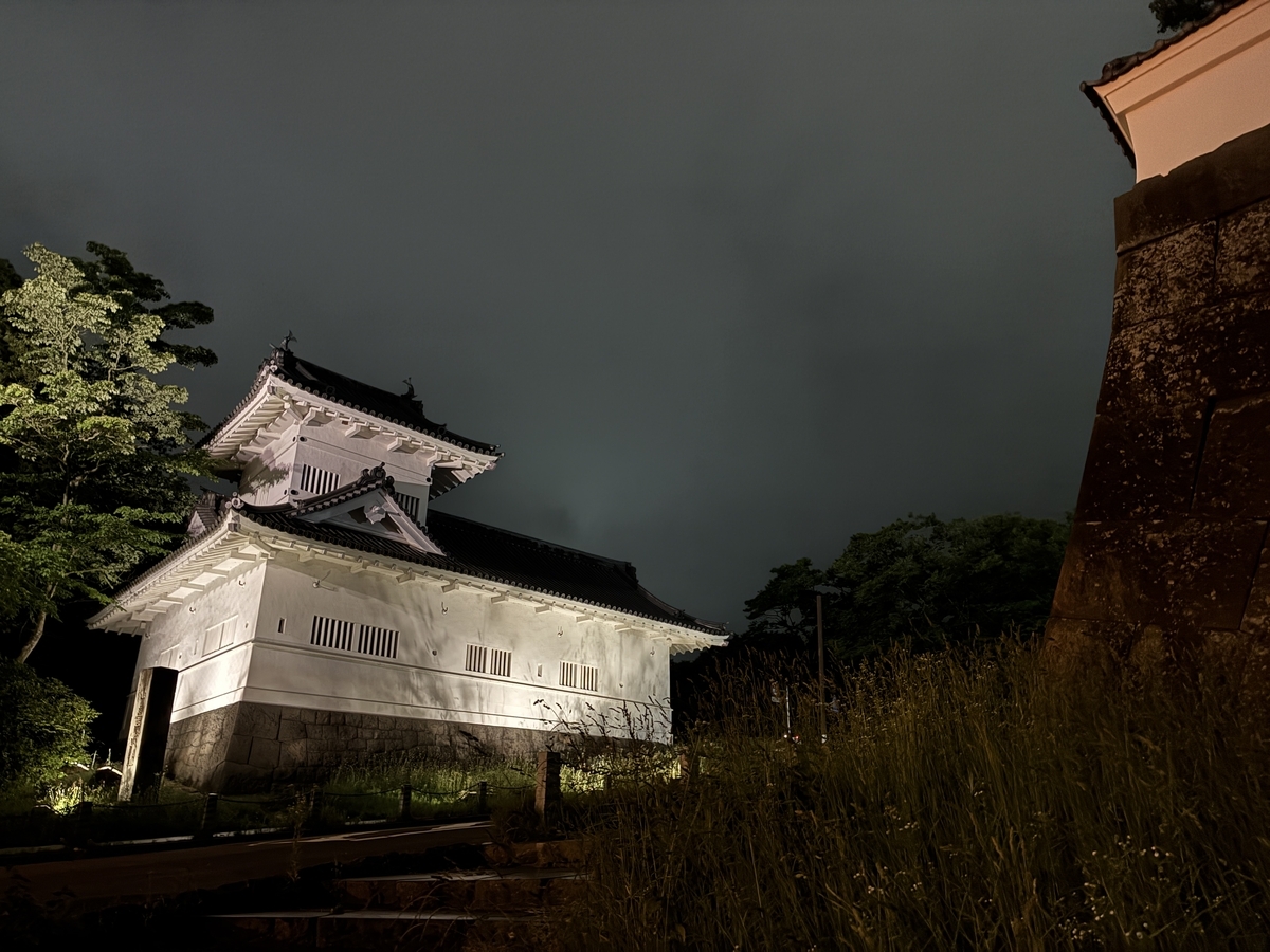 仙台青葉城 大手門脇櫓と大手門北側石垣と土塀の夜景