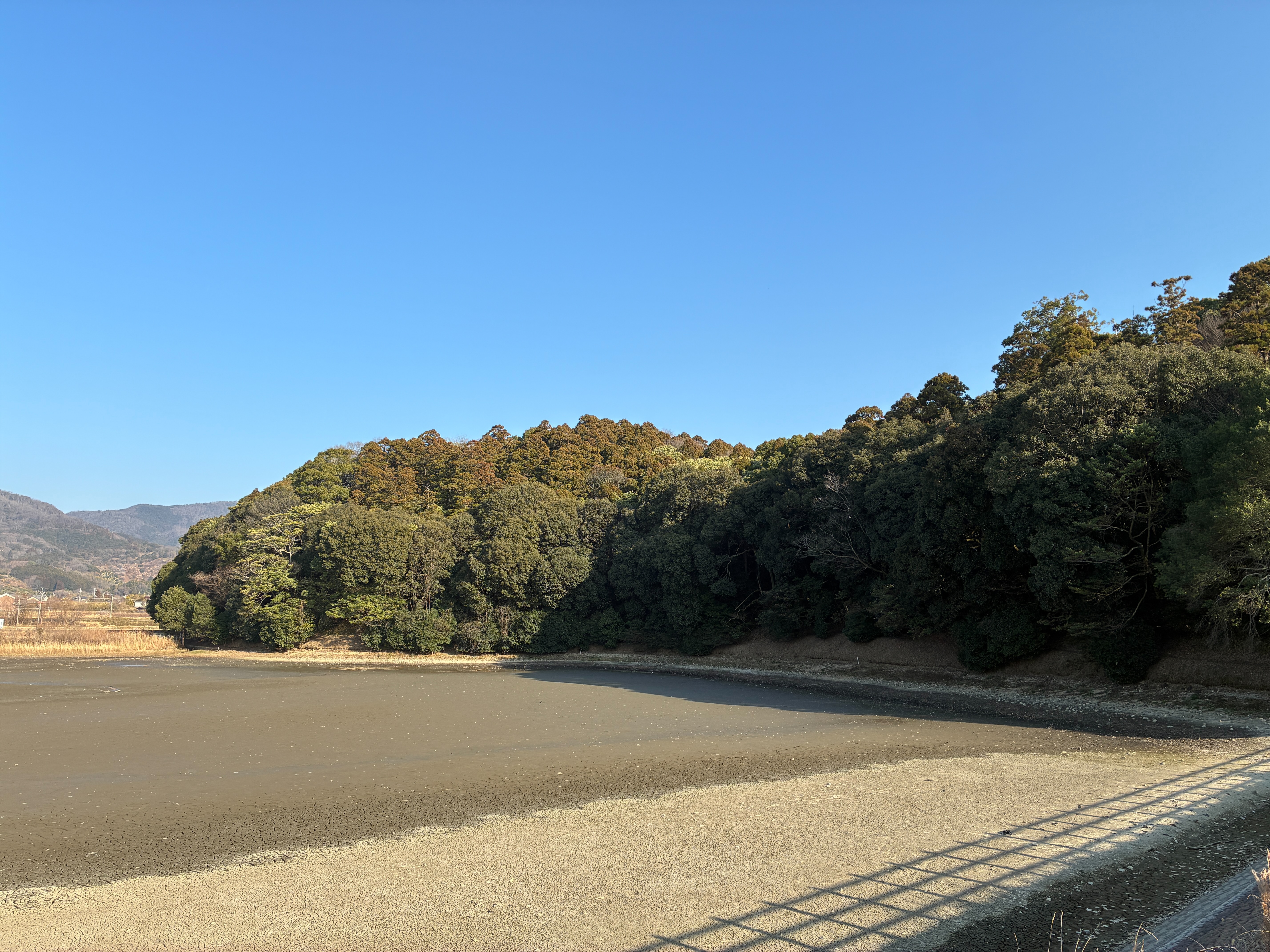箸墓古墳 干上がった大池と前方部