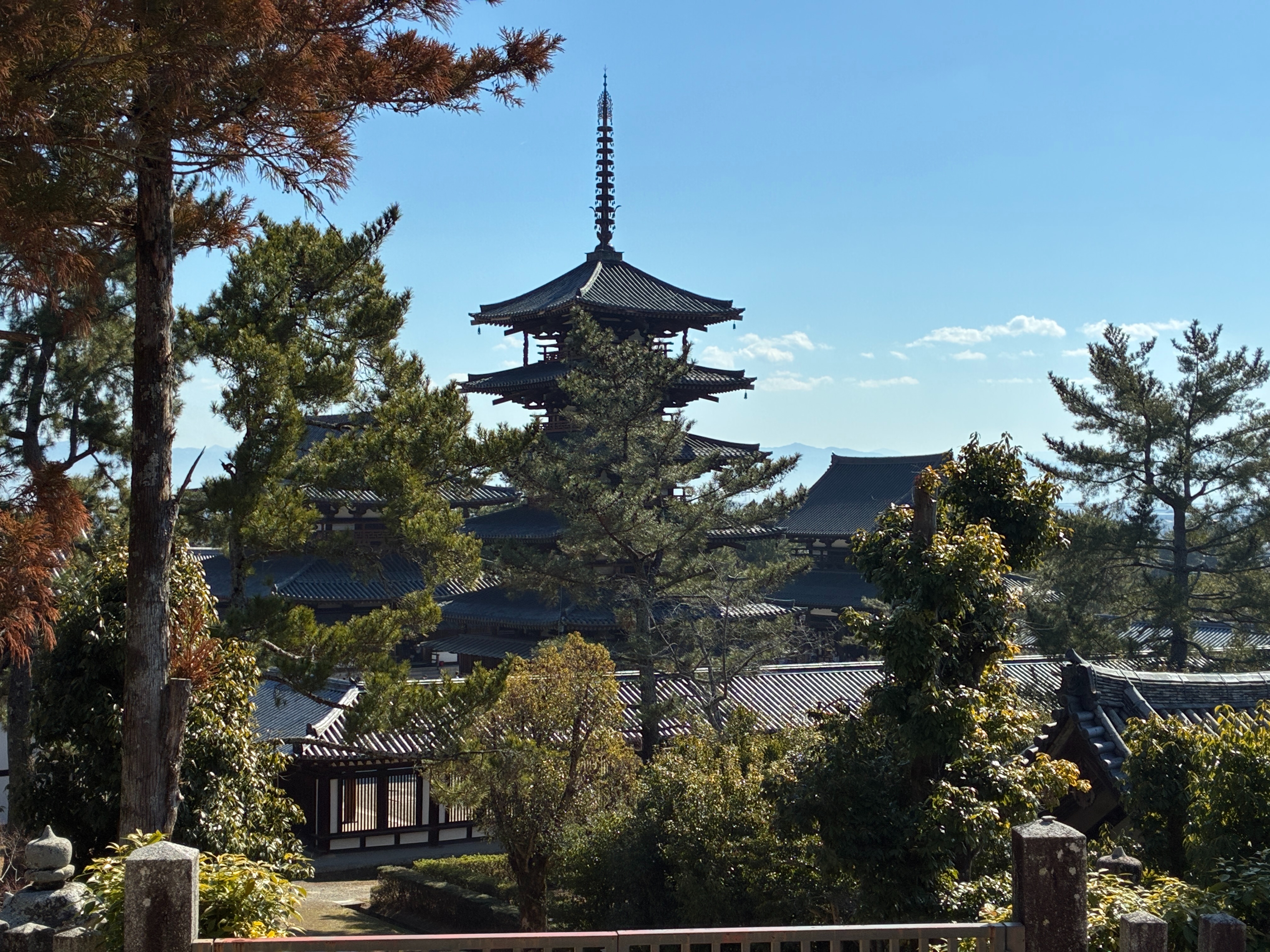 法隆寺 西円堂から西院伽藍 五重塔などを眺める