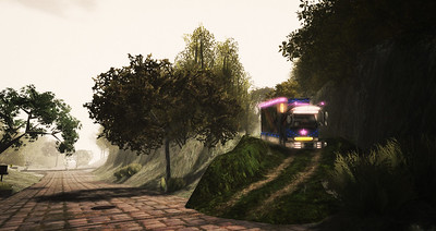 SecondLifeでアートトラックを製作し、山道を下る遊びをしている人