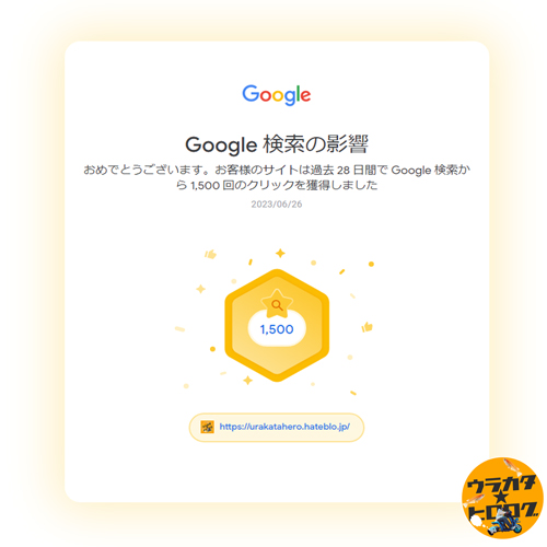 28日間でグーグルの検索から1500回以上の流入があったとの表彰メールが届いた