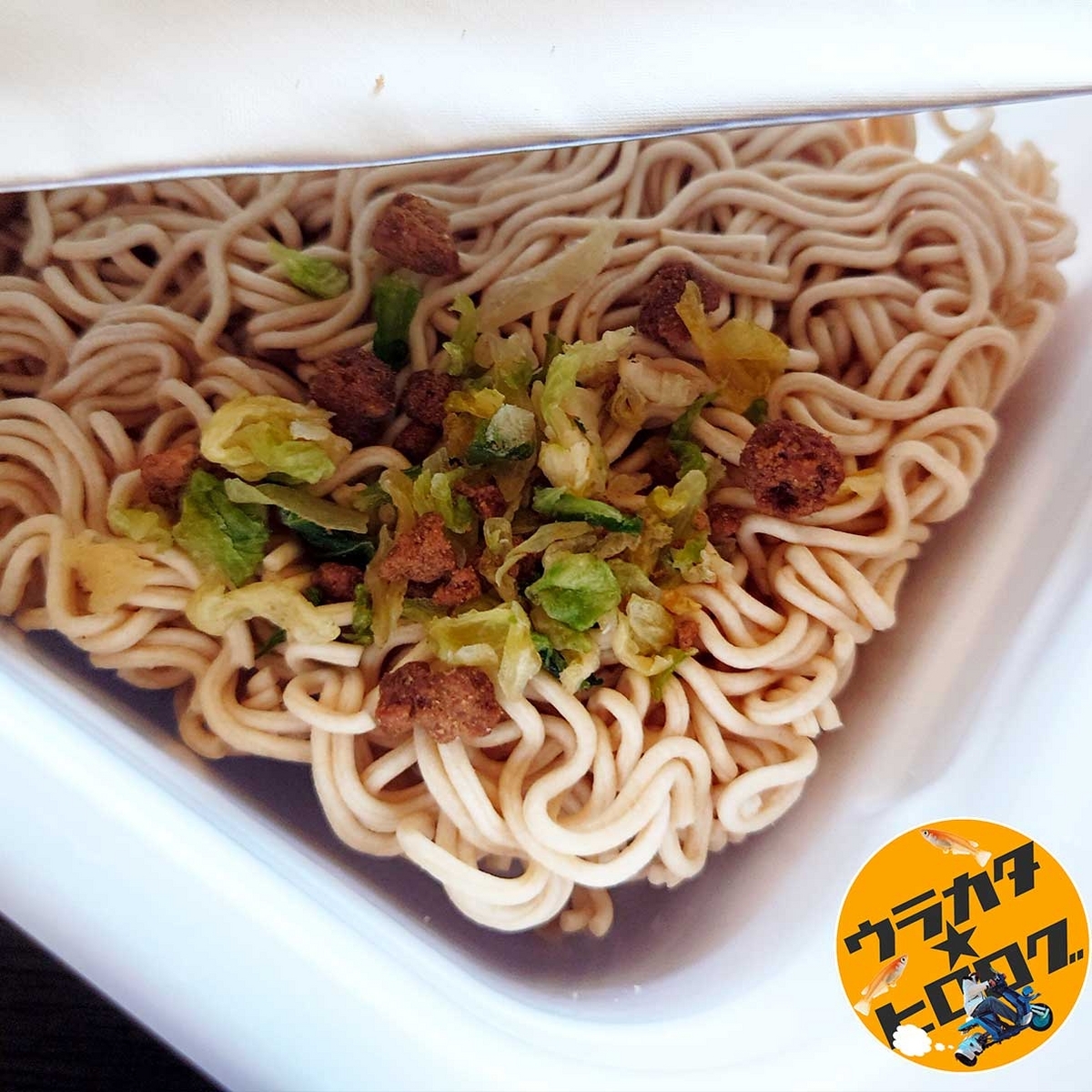 マルちゃん焼そば(インスタント版)の麺の上にかやくを載せた状態の写真。乾燥キャベツや乾燥ひき肉が食欲をそそりますね