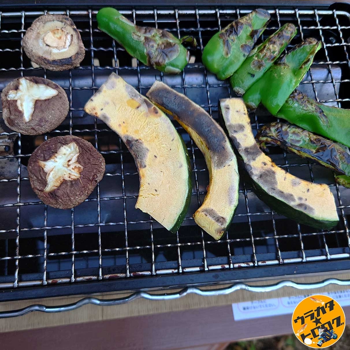 iwataniの炙りや２を使用して野菜を炙り焼きにしている様子、よく火が通り余分な水分が抜けてカリカリになりました