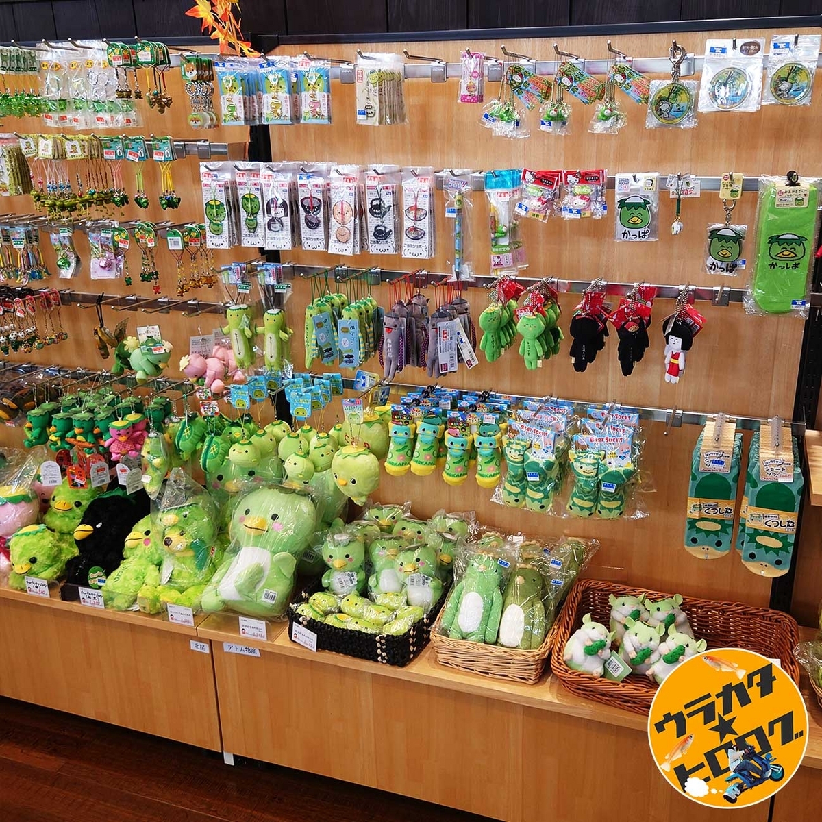 遠野観光協会の売店にあるカッパのぬいぐるみやキーホルダーのみが陳列された販売棚(筆者撮影)