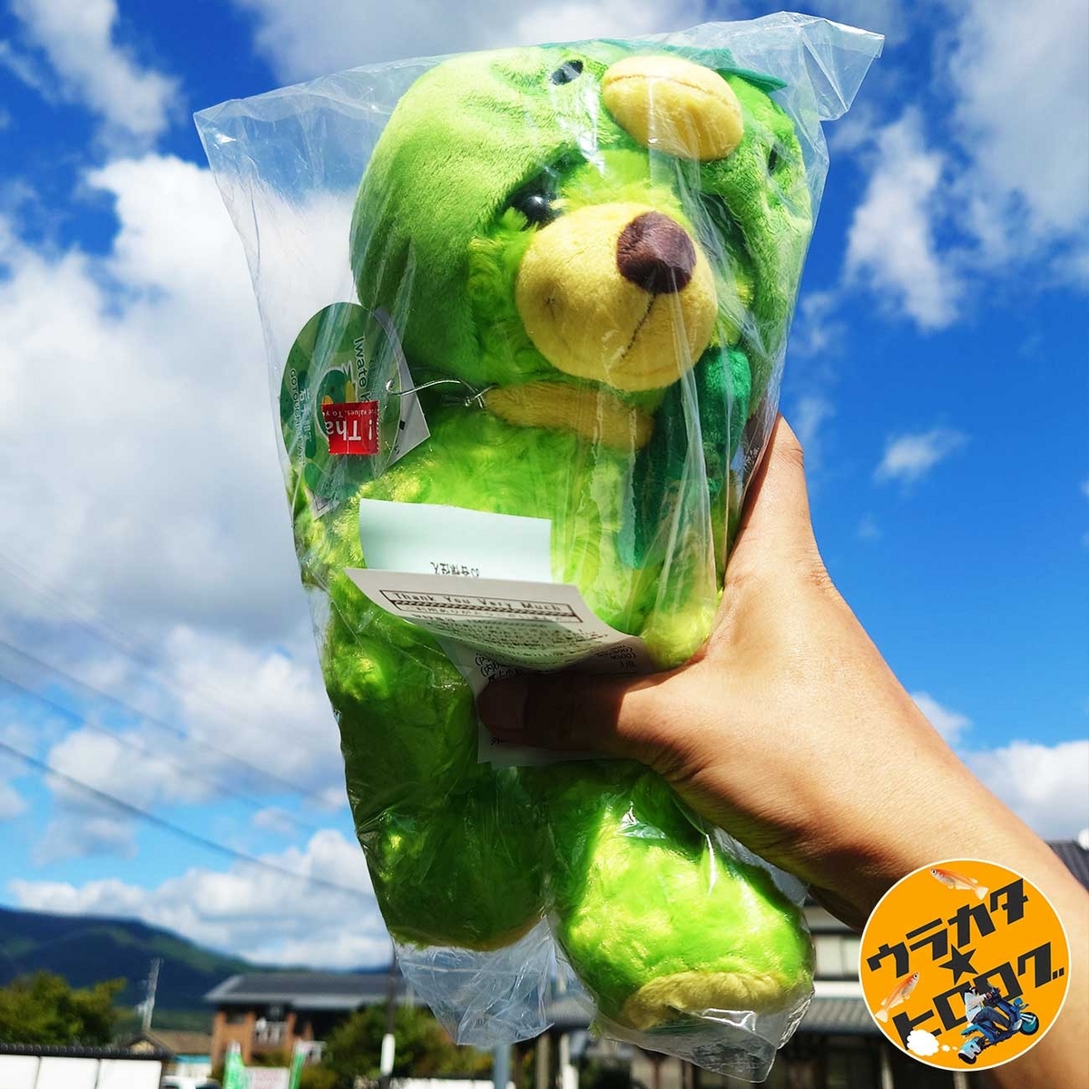 遠野限定のご当地ベア(カッパベア)を購入して青空と撮影(筆者による)