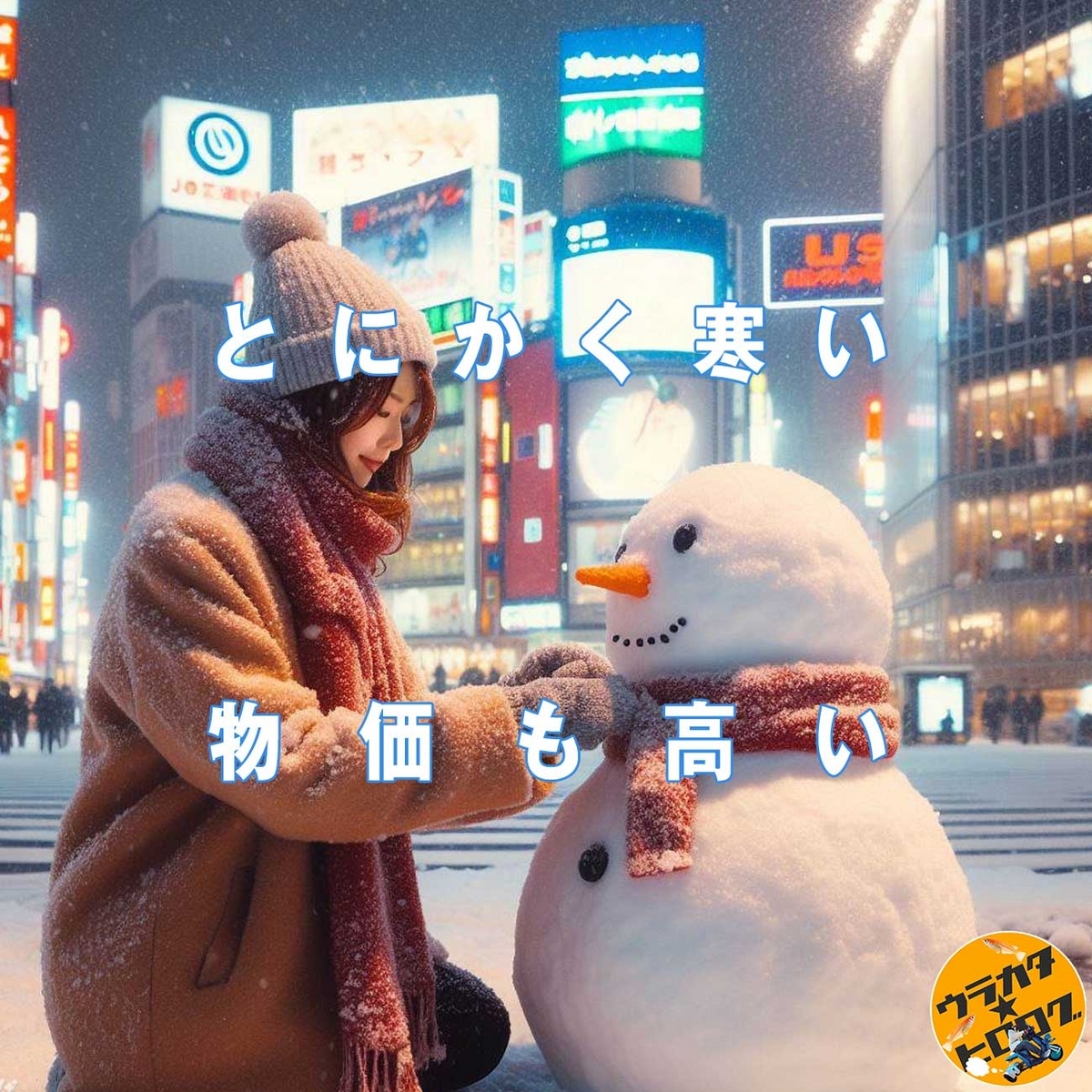 雪だるまを作る女性の3DART作品を背景にしたタイトル画像(筆者によるAI作成)