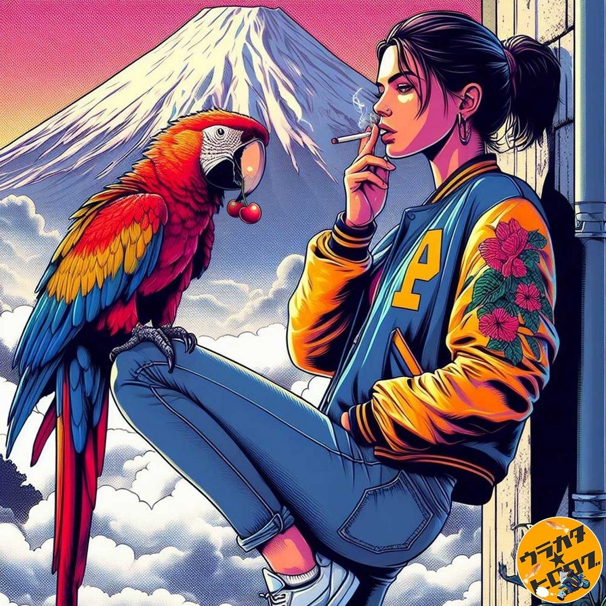 くちばしにチェリーを咥えるオウム鳥のイラスト(筆者によるAI作成画)