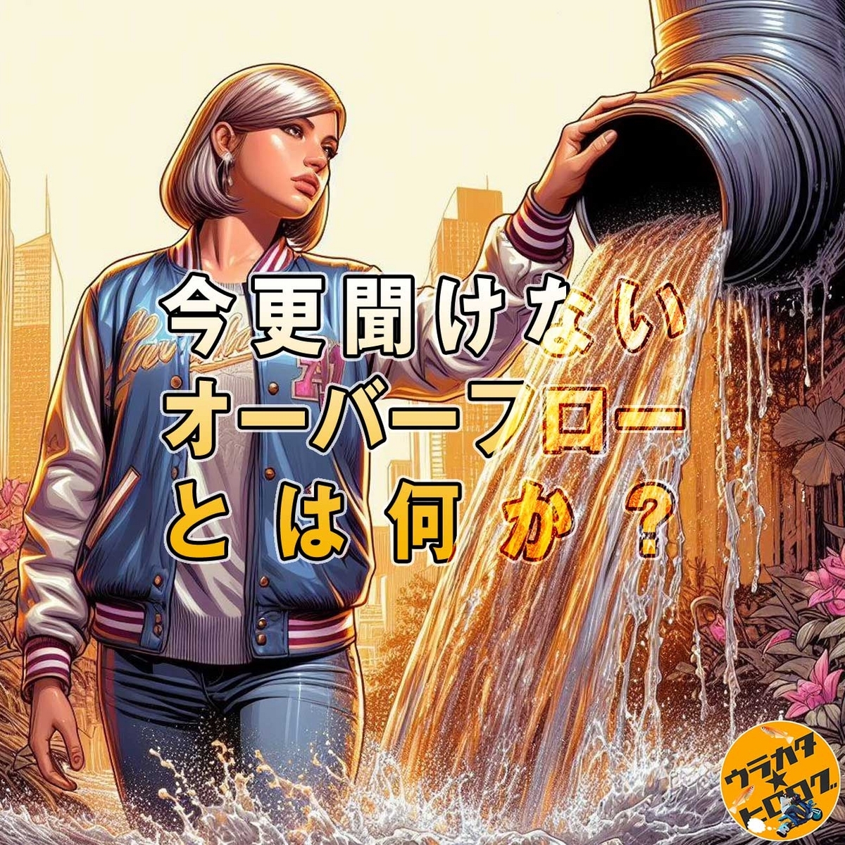 巨大なオーバーフローから流れる滝のような水のイラストを背景にしたタイトル画像(筆者によるAI作成画)