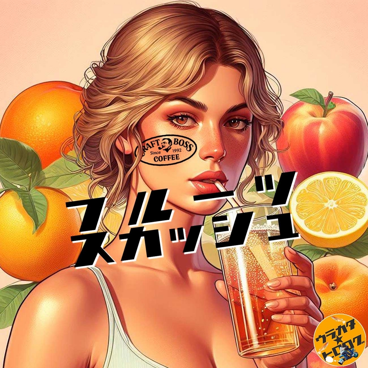 フルーツを背景にして炭酸飲料を飲む人のイラストを背景にしたタイトル画像(筆者によるAI作成画)