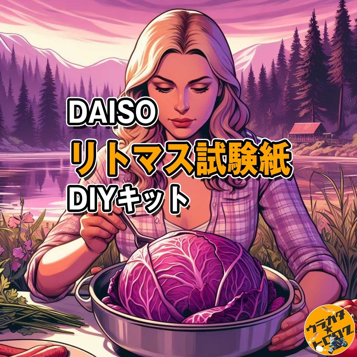 紫キャベツを煮込んでリトマス紙を作成しようとしている人のイラストを背景にしたタイトル画像(筆者によるAI作成画)