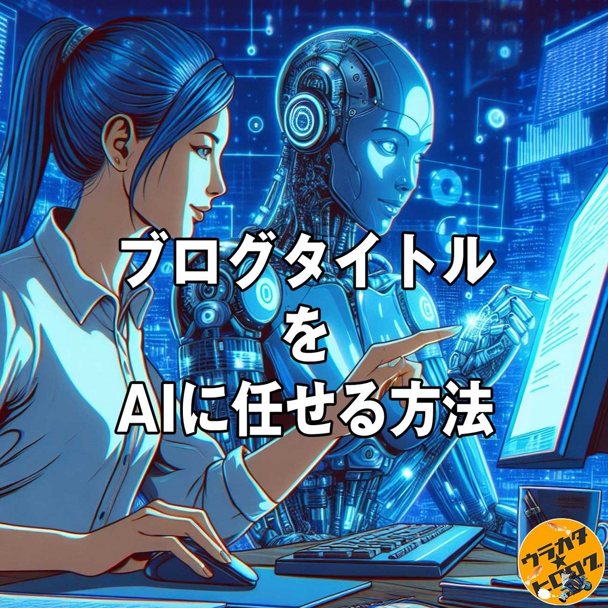 AIと一緒にブログを書く人をモチーフとした背景のタイトル画像(筆者によるAI作成画)