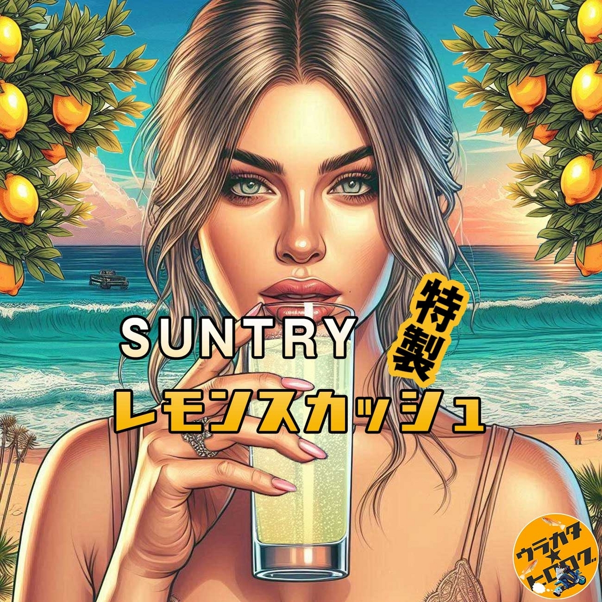 浜辺でサントリーのレモンスカッシュを飲む人をイメージしたイラストを背景にしたタイトル画像(筆者によるAI作成画)