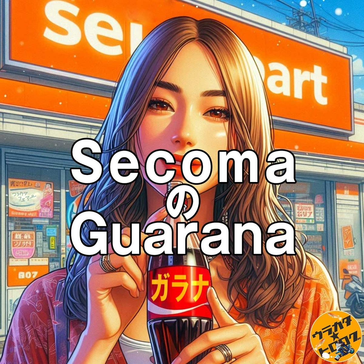 オレンジ色の看板のコンビニの前で黒い炭酸飲料の入ったペットボトルを持っている人のイラストを背景にしたタイトル画像(’筆者によるAI作成画)