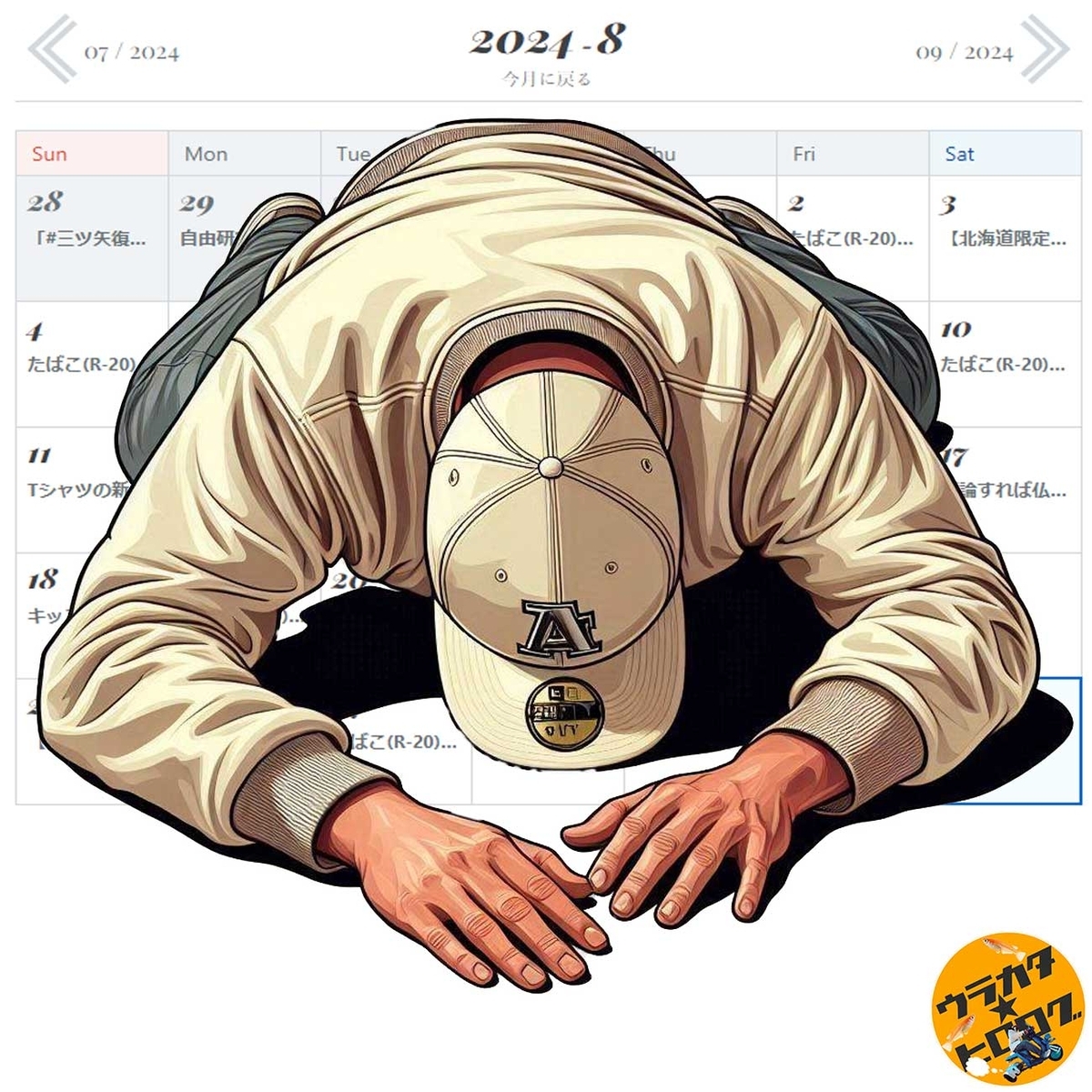 2024年8月のカレンダーを背景にした筆者風の男が倒れている様子のイラスト(筆者とAIの共作)
