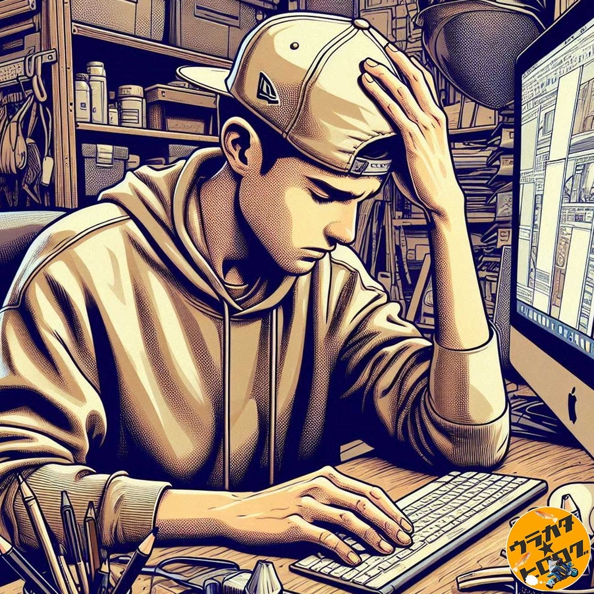 頭を抑えながらブログ活動を続ける筆者をイメージしたイラスト(筆者によるAI作成画)