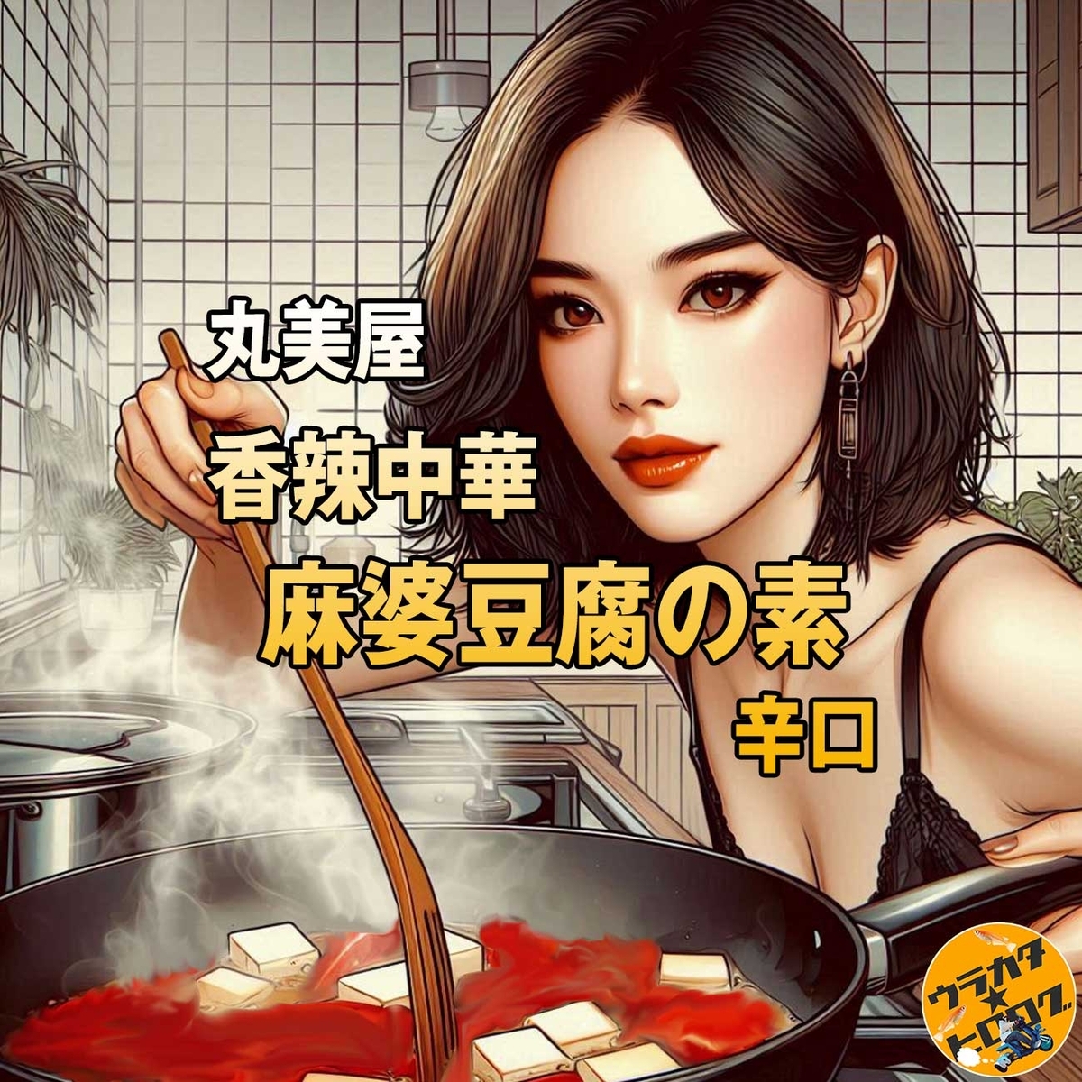 麻婆豆腐を作る人をイメージしたイラストを背景にしたタイトル画像(筆者によるＡＩ作成画)