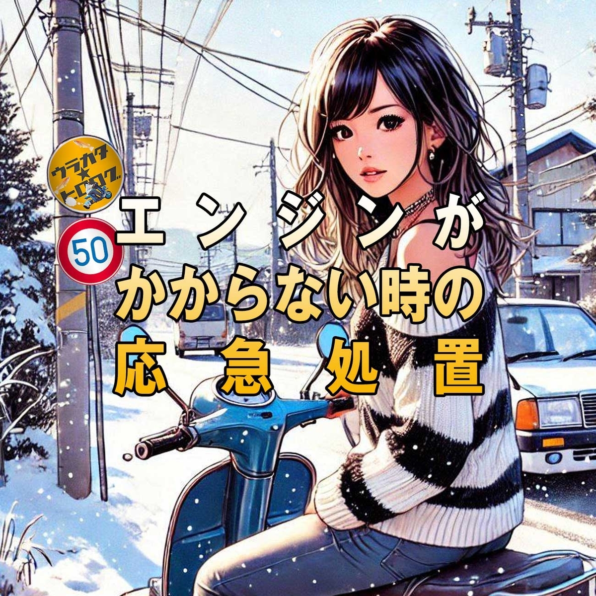 スクーターに乗っている人のイラストを背景にしたタイトル画像(筆者によるAI作成画)