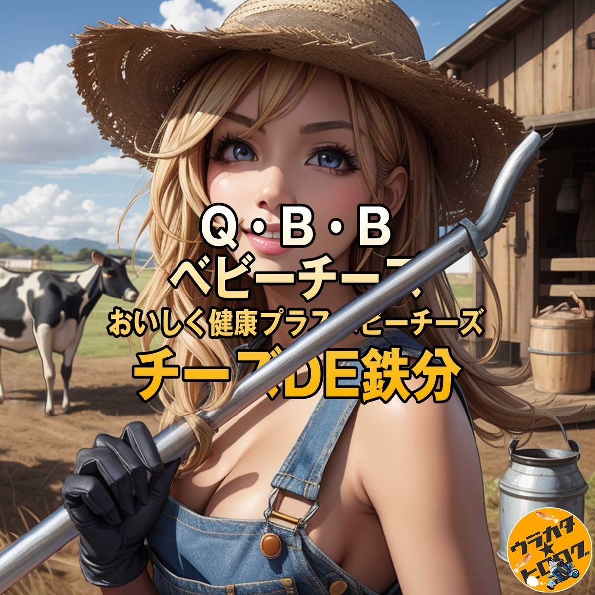 酪農牧場で鉄パイプを持っている人のイラストを背景にしたタイトル画像(筆者によるAIとの共作画)