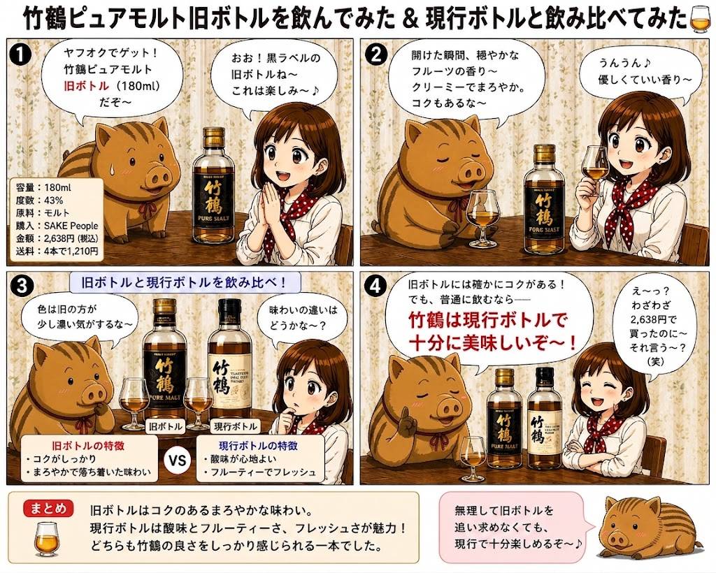 竹鶴ピュアモルト旧ボトル（黒ラベル）をレビュー｜現行ボトルと味を