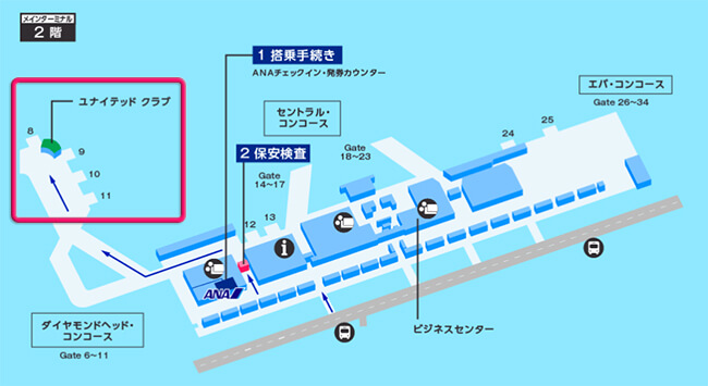 ホノルル空港ユナイテッドクラブのマップ